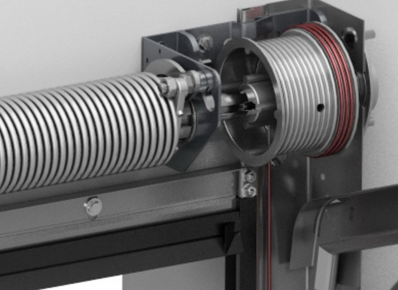 A professional technician repairing a broken garage door spring, with safety glasses on and tools in hand.